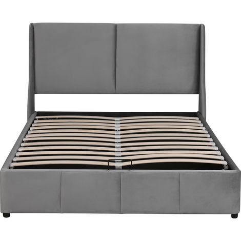 Lit rembourré 140 x 200 cm en velours gris, coffre relevable (1/5)