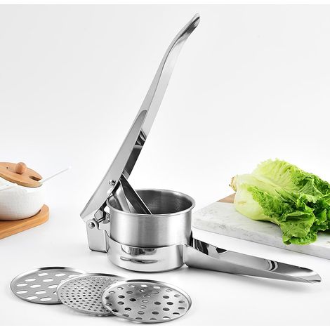 Presse-purée en acier inoxydable avec 3 disques interchangeables, presse alimentaire 3 en 1 pour pommes de terre, fruits, légumes et aliments pour bébé (1/5)