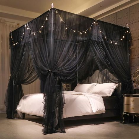 Baldaquin avec Volants Ciel de Lit Rectangulaire à 4 Ouvertures Moustiquaire Double Couche pour Chambre de Fille Décoration Romantique Doux et Respirant(Noir, 2 W x 2,2 l x 2,1 H(m)) (1/5)