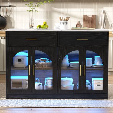 Îlot de cuisine led avec plan de travail 135x55x91 cm - buffet meuble de rangement desserte avec tiroirs étagères réglables et portes vitrées en mdf pour salle à manger - noir (1/5)