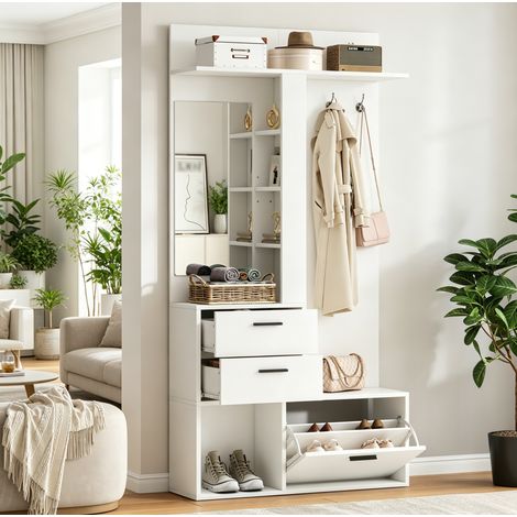 MODFU – Vestiaire entrée 90x30x180 cm MDF blanc – Miroir et meuble chaussures – 2 tiroirs et crochets – Blanc (1/5)