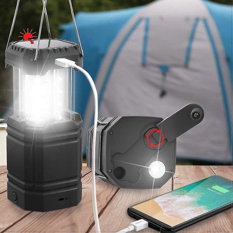 Lanterne de camping LED rechargeable, lampe torche solaire longue durée jusqu'à 40 heures, lampe de tente à manivelle, lampe portable pliable et étanche IPX4 pour caméra (1/5)