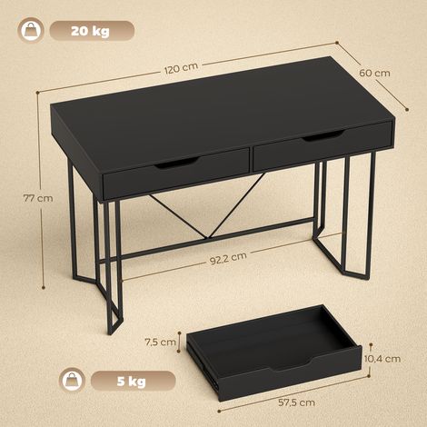 Petit bureau d'ordinateur avec 2 tiroirs, grand plateau de travail 120 x 60 x 77 cm, noir (1/5)