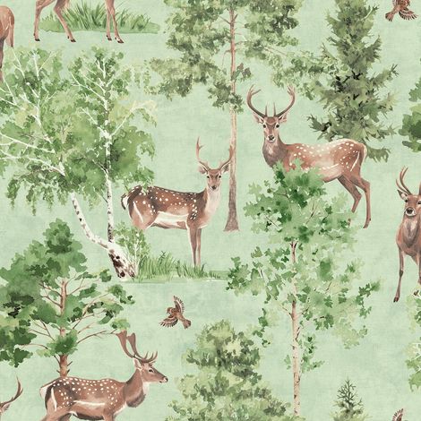 Arthouse Deer Forest Natural Sage Green Wallpaper Woodland Trees Animal Print