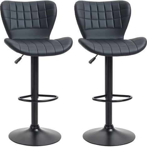HOMCOM Barhocker 2er Set, Gepolstert Barstuhl mit Metallgestell, Lehne, Höhenverstellbar Küchenstühle mit Fußstütze, 360° Drehbar, Tresenhocker für Küche, Wohnzimmer, Esszimmer, Kunstleder, Schwarz