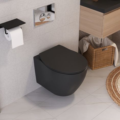 Wand-WC DeerValley, hängend, mit Toilettendeckel in Schwarz + Chromplatte, DV-1F0069B (1/5)