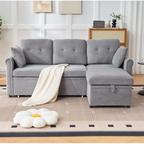 Divano angolare convertibile con contenitore, chaise longue reversibile, ciniglia grigia DESVIAE (1/5)