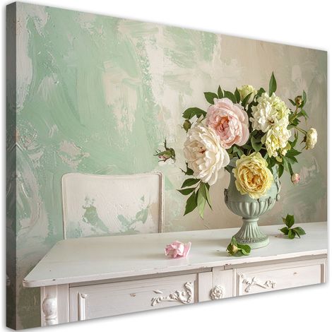 Quadro su tela, Fiori shabby chic decorazione romantica con bouquet di peonie su sfondo pastello, 30x20 (1/5)