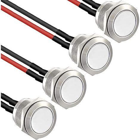 BRAVIX 4× 16mm Momentané Bouton-Poussoir Étanche en Acier Inoxydable Bouton-Poussoir, boutons de sonnette 12V 2A 250V， pour voiture, PC, lampe de table（ Ronds） (Tête plane)（précâblé） (1/5)