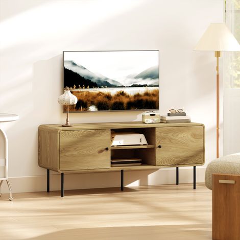 Meuble TV. meuble télé jusqu'à 55 pouces avec 2 portes. 2 compartiments ouverts. pieds en acier. 120x40x50cm. chêne