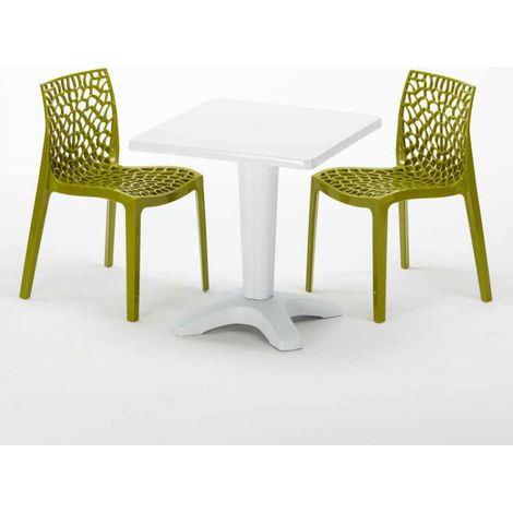 Tavolino Quadrato Bianco 70x70 cm con 2 Sedie Colorate Gruvyer Patio - Verde Anice