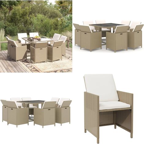 Set da Pranzo da Giardino 9 pz con Cuscini in Polyrattan Beige - Sedie da giardino - Tavolo da giardino
