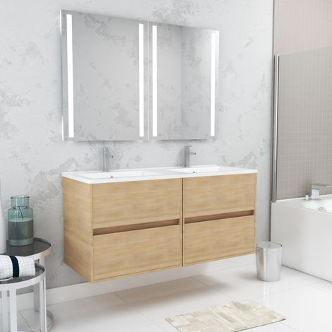 Mueble Baño 120 cm Roble Claro, 4 Cajones, Lavabo y 2 Espejos LED