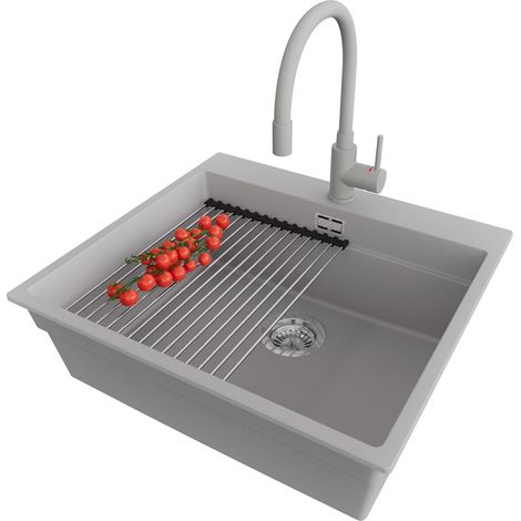 PRIMAGRAN Evier Cuisine en Granit 58x53cm, Lavabo 1 bac + Robinet 38x14cm + Kit de Vidage + Accessoire, Évier à Encastrer au meuble 60cm - Oslo Max, Gris (1/5)