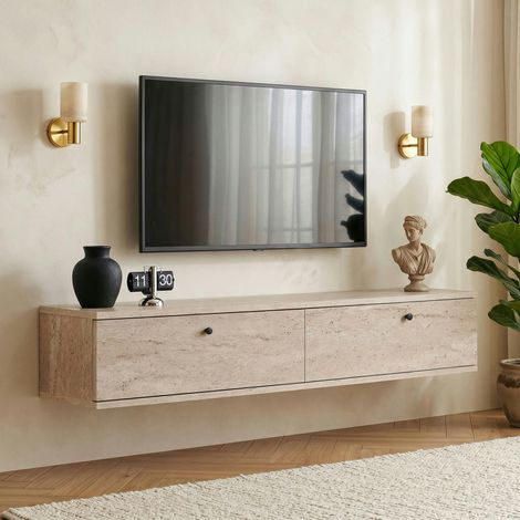 Meuble TV suspendu 2 portes décor travertin 140 cm MARFA (1/5)