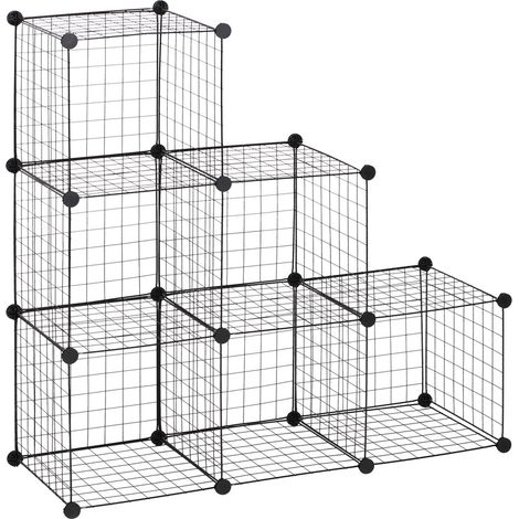 Steckregal, Regalsystem mit 6 Fächern, DIY Würfelregal aus Drahtgitter, Stufenregal für Wohnzimmer, Schlafzimmer, Schwarz, 109 x 37 x 109 cm Aosom