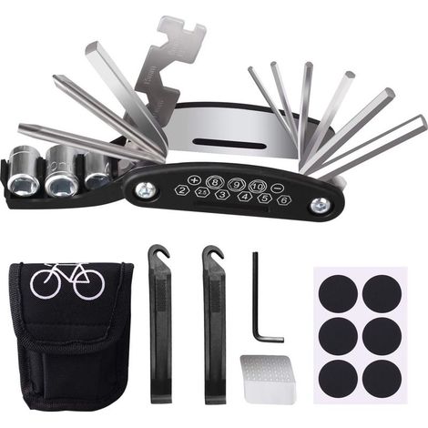 Fahrradwerkzeugset, 16-in-1 Fahrradreparaturset, Fahrradreifenreparaturset, Multifunktionswerkzeug für Fahrräder, Roller und Motorräder, mit Flicken und Reifenhebern (1/5)