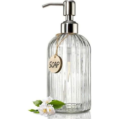 Distributeur Savon Verre Transparent, Salle de Bain Presse 19cm (1/4)