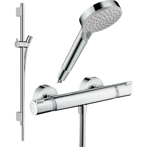 Pack mitigeur douche thermostatique HANSGROHE Ecostat Comfort + Barre Unica S Puro + flexible + Pommeau Vernis Blend Vario chromé