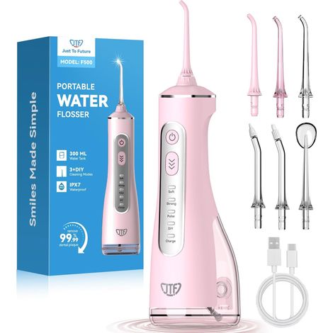 JTF Munddusche Kabellos Elektrische 300ML Wassertank, 10 Stufen Stufenlose Modi Testsieger 2026, IPX8 Tragbar Zahnreiniger Waterflosser & 6 Düsen für Oral Health Enthusiasten Tägliche Pflege(Rosa) (1/5)