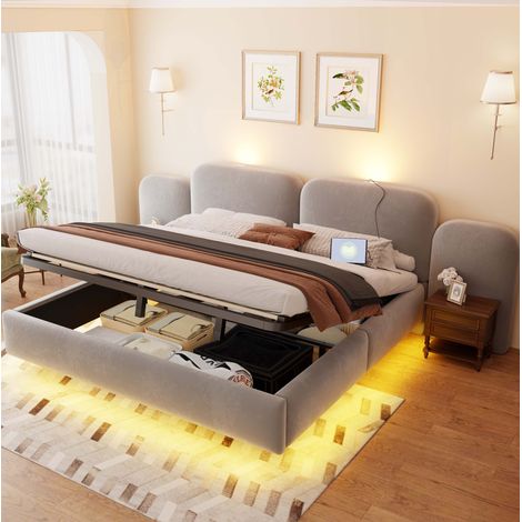 MODFU – Cama de matrimonio 180x200 cm con almacenamiento hidráulico, LED RGB, USB-C y cabecero de terciopelo, carga 250 kg – Gris (1/5)