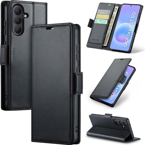 Funda para Samsung Galaxy A57 5G, tipo cartera con tapa, diseño brillante de lichi, color negro. (1/5)
