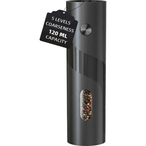 Moulin à Poivre Électrique Noir, Salières et Poivrières sur Piles, Broyeur à Sel 110ml Grande Capacité, 5 Niveaux Réglables avec Brosse et Fenêtre Visuelle (1/5)