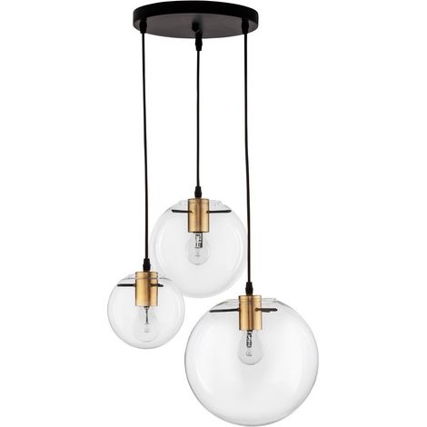 Merano Downey Plafonnier suspendu à 3 lumières en verre transparent, métal doré noir LED E27