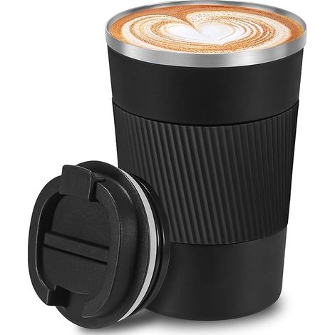 Tasse Thermos Café Noir, Tasse de Voyage en Acier Inoxydable 304 Tasse de Voiture avec Couvercle, Gobelet Isotherme à Café pour Chaud et Froid, Lait et Thé (380ML) (1/5)