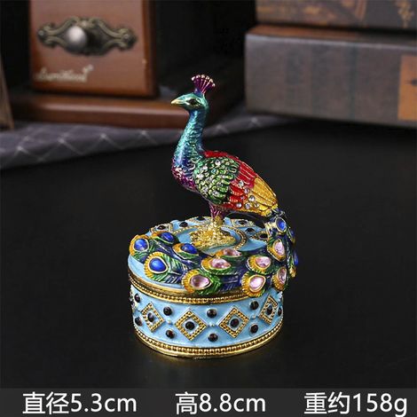 Boîte à bijoux ronde (bleue) motif paon, boîte de rangement en émail pour bagues et boucles d'oreilles. (1/2)
