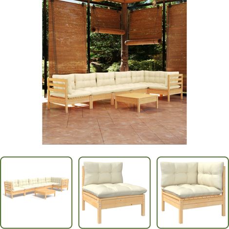 Holzgartenmöbel - 7-tlg. Garten-Lounge-Set mit Creme Kissen Kiefernholz (1/5)