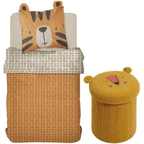 Ensemble Bettwäsche Kinder + faltbare Aufbewahrungsbox Pouf - HEUTE - Dschungel - 140 x 200 cm - Baumwolle