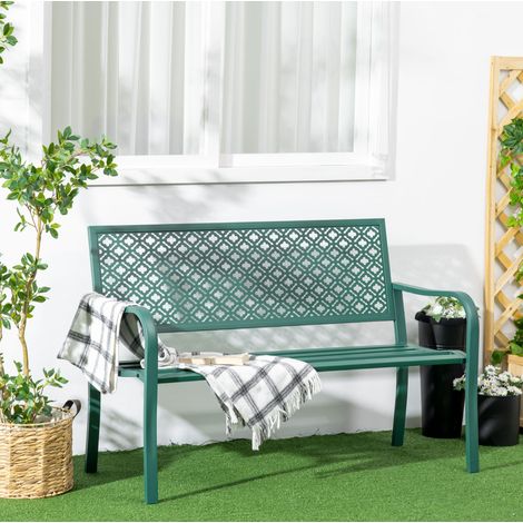 Banc de jardin 2 places vert foncé, structure métal, dossier ergonomique et accoudoirs, 127 x 63 x 83 cm, pour terrasse, balcon et jardin - CHICFURN (1/5)