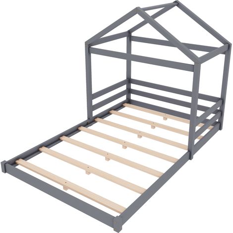 Letto casetta per bambini 140 x 200 cm con rete a doghe, pino e MDF, grigio (1/5)