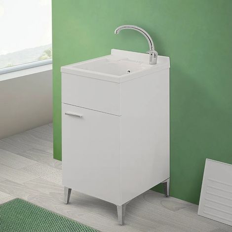 Mobile lavatoio 45x50 bianco con vasca in resina completo di asse lavapanni (1/5)
