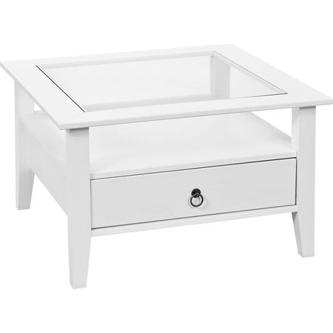 Altobuy – Table basse carrée en bois massif vernis blanc – Plateau en verre transparent – Dimensions 75x75xH45 cm – Tiroir de rangement intégré (1/5)