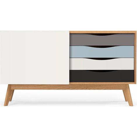 Buffet 4 tiroirs & 1 porte "Avon" 128cm Chêne & Bleu (1/5)