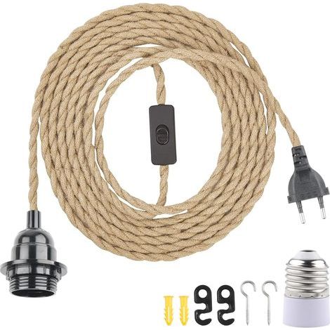 E27 socket, 8m hemp cable, switch, E14 adapter, EU plug, for DIY living room pendant light (1/5)