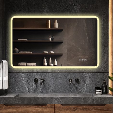 REDOM - Specchio da bagno LED 60x100 cm, antiappannamento, 3 colori di luce, intensità regolabile, vetro temperato argento