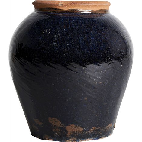 Jarre en céramique bleue profonde et base naturelle - Gris (1/3)