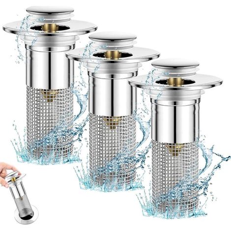 Lot de 3 bouchons de lavabo universels pour écoulement de 34 à 40 mm - Filtre à cheveux, maintien d'eau et mode de vidange - Pour salle de bain, cuisine, baignoire (1/5)