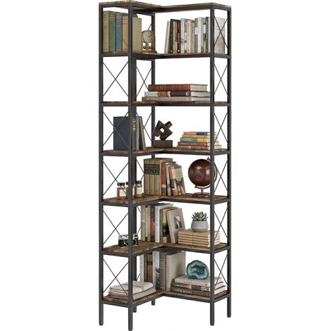Bibliothèque d'angle à 6 niveaux, meuble de rangement en métal pour salon, chambre, bureau, 60x60x200cm, brun rustique (1/5)