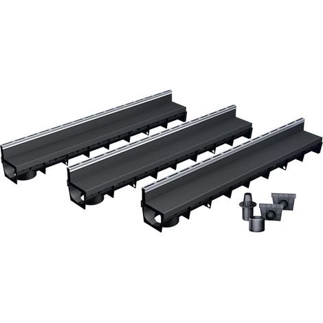 MEA – Pack de 3 caniveaux d'évacuation avec grille à fente en PP recyclé – E-Blade R en inox – Classe de charge A15 – Installation rapide et facile (1/5)