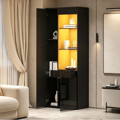 Vitrine noire 70 x 35 x 180 cm avec LED, tiroir et portes en verre trempé (1/5)