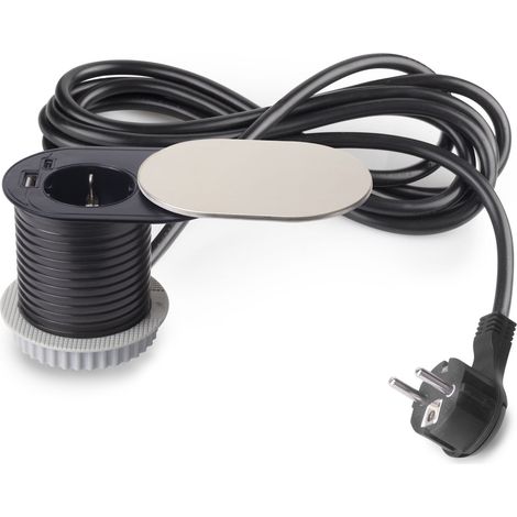 Emuca Multiconnettore con coperchio scorrevole Vertikal Flat 60, diametro 60 mm, 1 presa Schuko, 1 USB Tipo A, 1 USB Tipo C, Acciaio e Tecnoplastica, Acciaio inossidabile