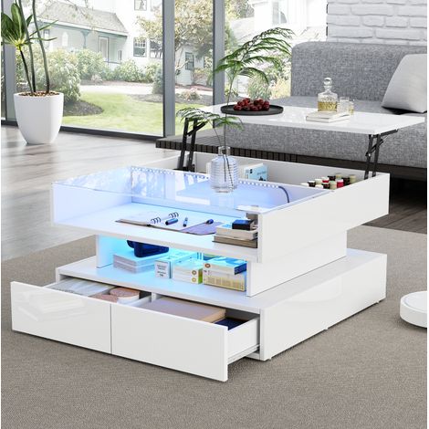 Mesa de centro de aglomerado blanco 80 x 80 cm elevable con LED, vidrio templado y 2 cajones (1/5)