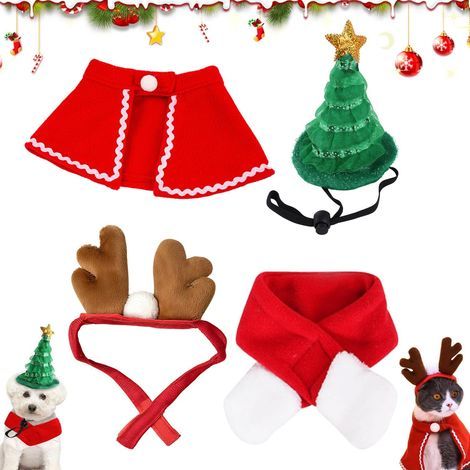Set di 4 costumi natalizi per animali domestici, comprendente cappello, mantello, sciarpa, berretto e fascia per capelli con renna, per cani e gatti, colore rosso. (1/5)