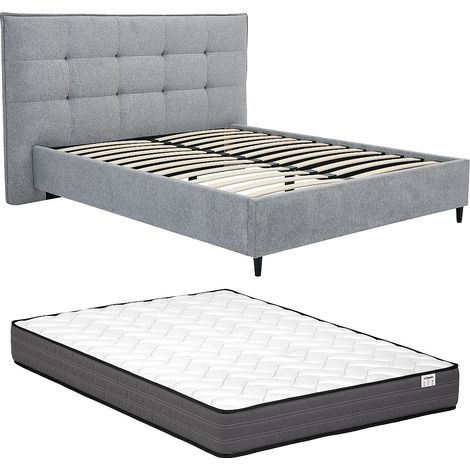Lit 180 x 200 cm avec tête de lit capitonnée - Tissu - Gris + Matelas - NIRPIO (1/5)