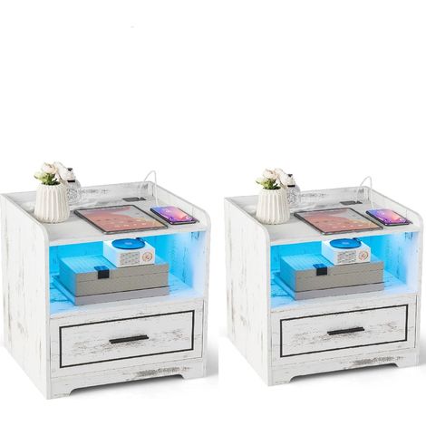 COSTWAY 2 Mesa de Noche LED, Mesita de Noche Inteligente con 1 Puerto USB y 1 Type C, Estante y Cajón, 3 Colores de Luz, Iluminación Ajustable, Inducción del Cuerpo Humano, 45 x 40 x 50cm (blanco) (1/5)