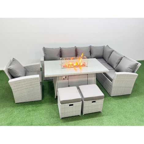 Fimous 9 Seat Rattan Garden Furniture Corner Sofa Set Outdoor Gas Fire Pit Table Set with 2 Small Footstools Light Grey (1/4)